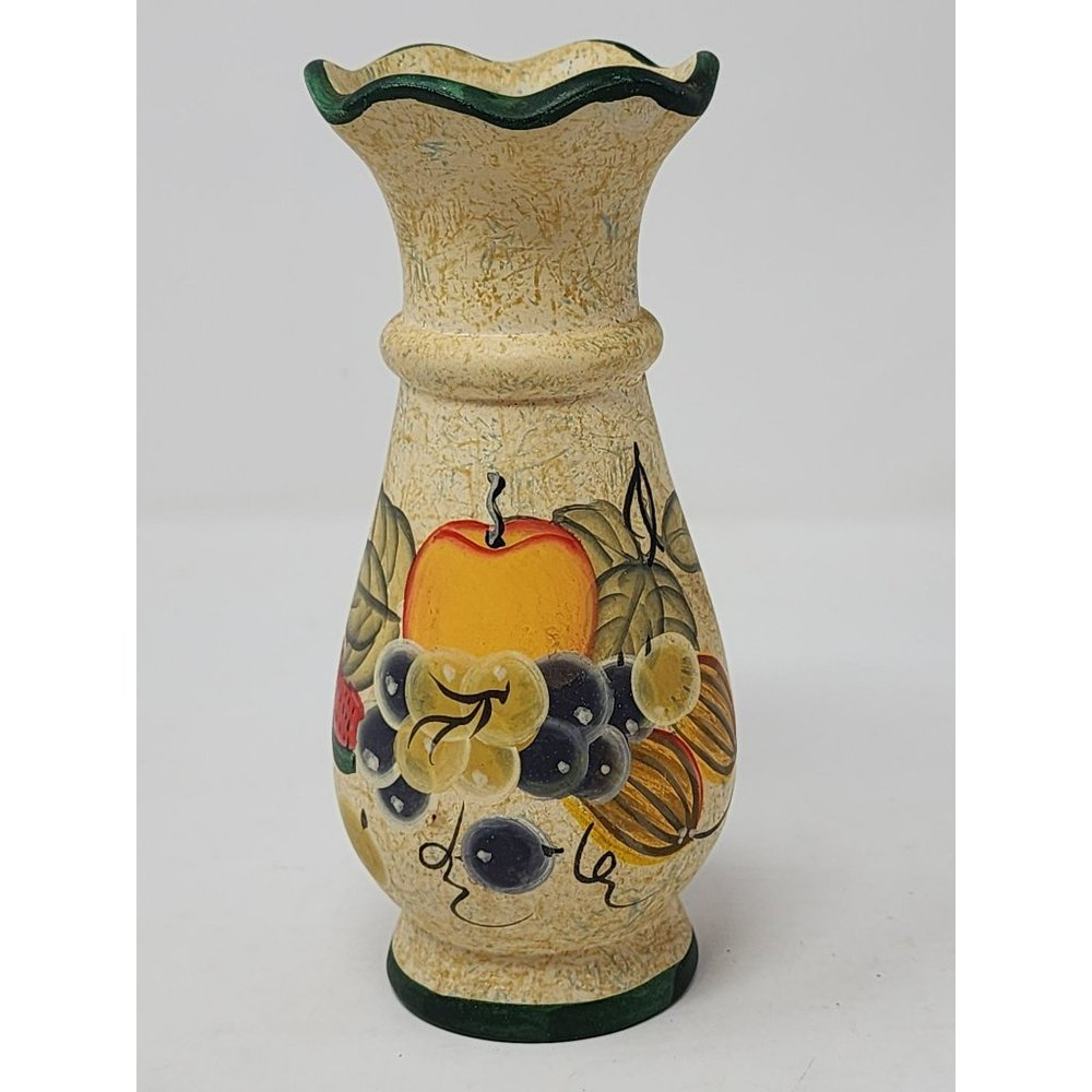 Vintage K's Collection Ceramic Vase‎ Painted Fruit Gold With Black Trim
